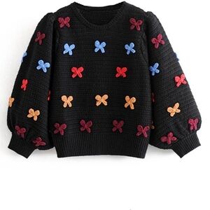 Zara Black Crew Neck Sweater with Playful Bow Pattern